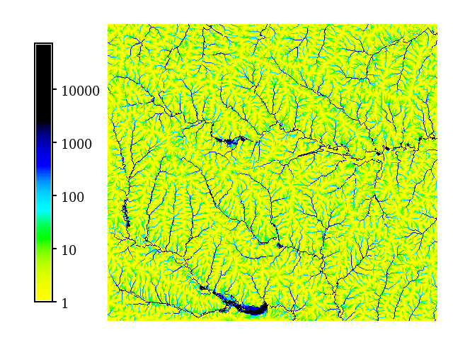 Flow accumulation map with logarithmic legend