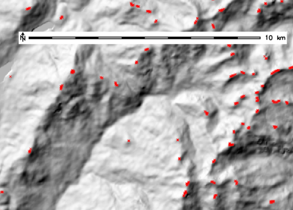 Extraction of peaks from EU DEM 25m (with search=11)