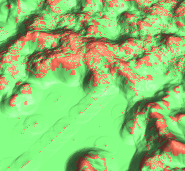 Illustration of a potential
    surface in 3D, with a raster of the developed cells (in red) and
    undeveloped cells (in green) draped onto the surface.