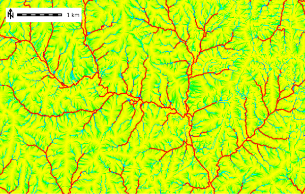 Vectorized stream network after thinning extracted from flow accumulation map