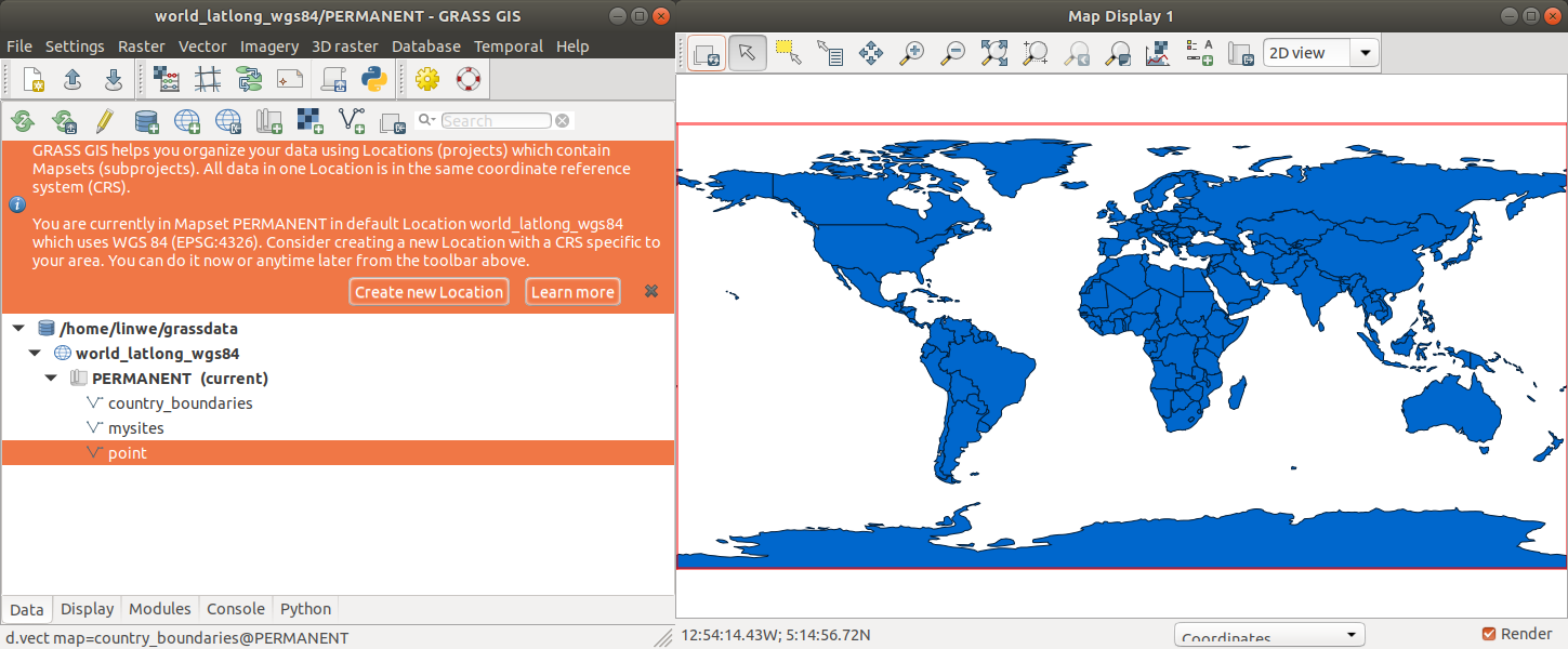 GRASS GIS GUI after first start