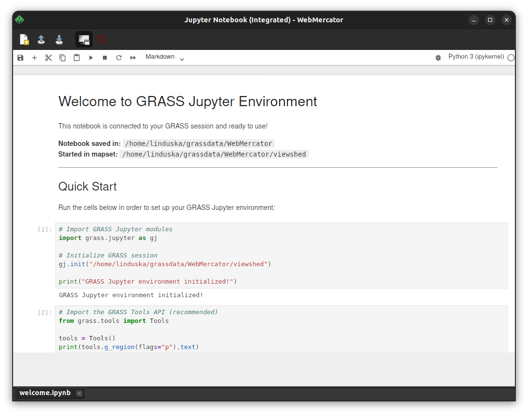 Integrated Mode - Jupyter embedded directly in GRASS GUI