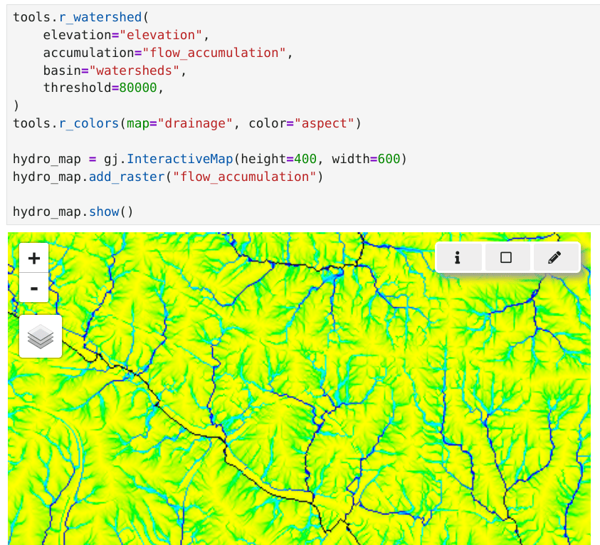 A few lines of Python using grass.tools to compute a watershed and flow accumulation, with the result shown in an interactive grass.jupyter map